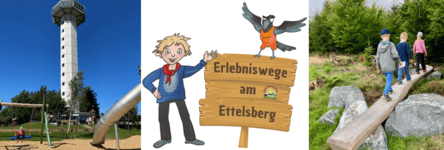 Collage mit dem Turm am Ettelsberg, dem Logo der Erlebniswege und Kindern, die über einen Baumstamm laufen